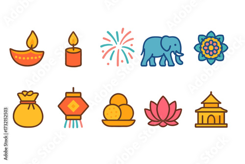 Diwali festival icon set. festival, celebration icons outline collection