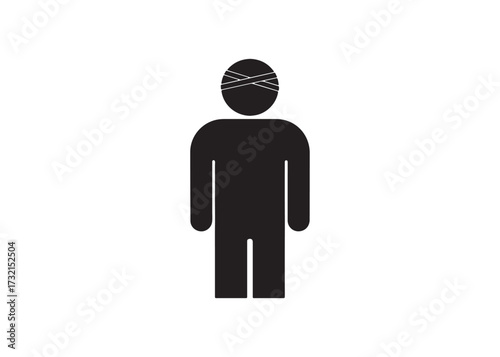 Stick figure with head bandage isolated on white background, injury concept