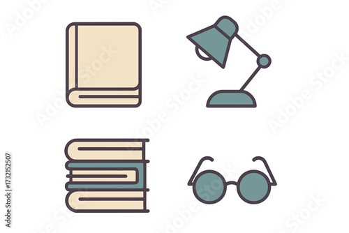 Various essential items for academic pursuits and learning, including a closed book, stacked books, a desk lamp, and reading glasses