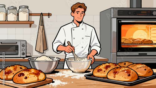 The baker is baking. Cartoon hand-drawn vector illustration