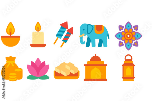 Diwali festival flat icon set. celebration, light, and culture icons flat collection