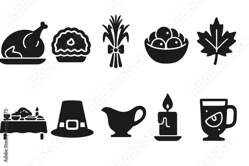 Thanksgiving silhouette icon set: feast, harvest, celebration, and autumn symbols