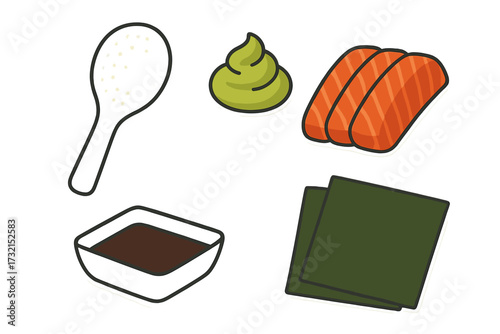 Assortment of Japanese sushi ingredients: fresh salmon, rice, nori seaweed, spicy wasabi, and savory soy sauce