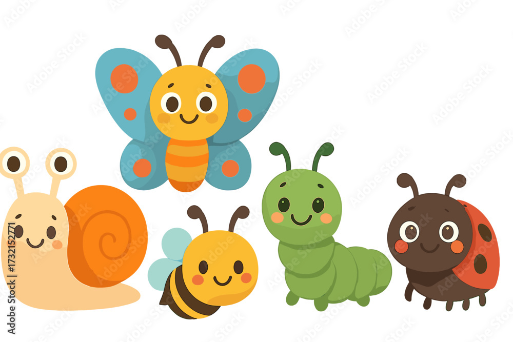 Naklejka premium Collection of cute smiling cartoon garden insects and bugs including snail butterfly bee caterpillar and ladybug characters