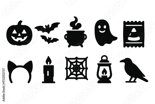 Halloween silhouette icon set for spooky decor and festive designs