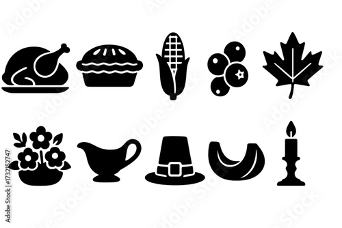 Thanksgiving, autumn silhouette icon set. holiday, harvest festival icons collection
