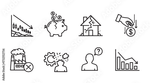 Business finance icons representing decline savings property factory and human resources and strategy vector