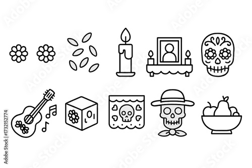 Day of the dead outline icon set. dia de los muertos festive outline symbols collection