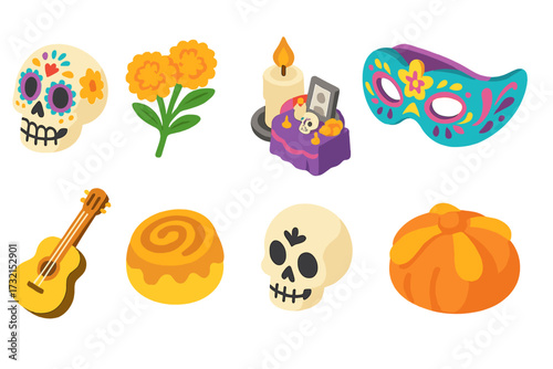 Day of the dead 3d icon set. dia de los muertos symbols in vibrant 3d style