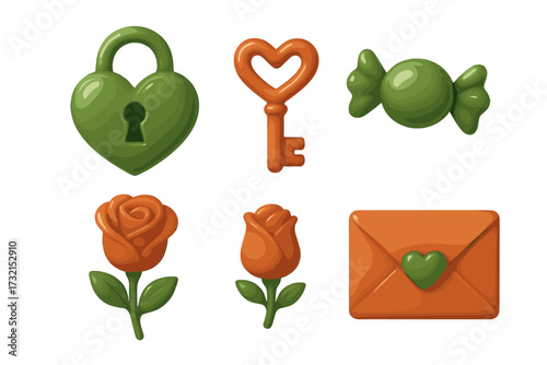 Glossy collection of romantic and celebratory symbols featuring heart padlock, key, rose, candy, and sealed envelope
