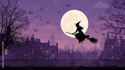 Silhouette of witch on broomstick flying in front of full moon over town at night