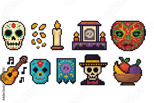 Day of the dead pixel icon set. colorful dia de los muertos outline icons collection