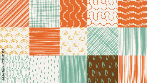 Collection of fifteen diverse abstract geometric patterns in muted retro colors Keywords: abstract, pattern, geometric, background, texture, retro, muted colors, organic, lines, dots, waves