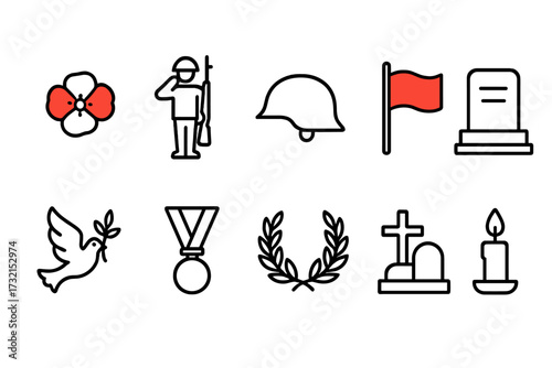 Remembrance day line icon set with poppy, soldier, and memorial symbols