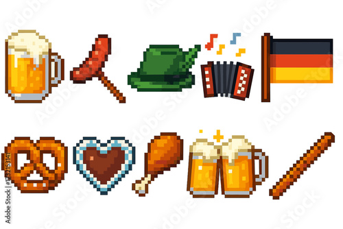 Bavarian festival pixel icon set. beer, sausage, pretzel pixel art collection.