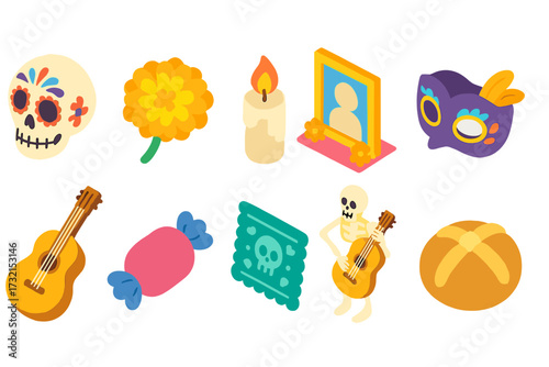 Day of the dead solid icon set. sugar skulls and marigold decorations collection