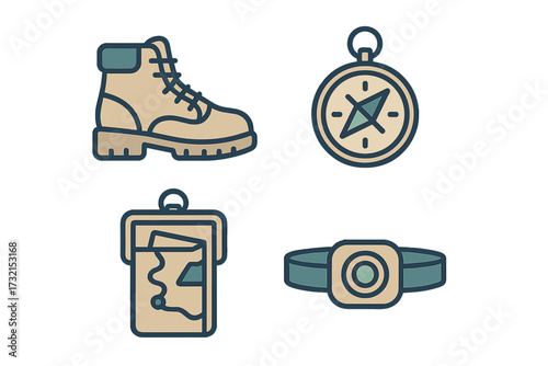 Set of outdoor adventure and camping essentials: sturdy hiking boot, reliable compass, detailed map, and bright headlamp