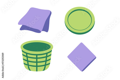 Assortment of everyday household items and abstract geometric forms featuring a modern textured graphic style