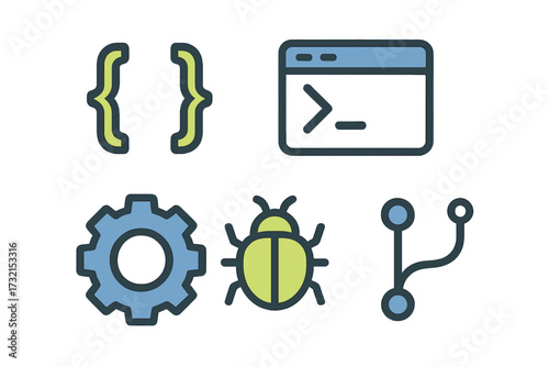 Programming and software development icons including curly braces, terminal window, gear, bug, and branching symbol