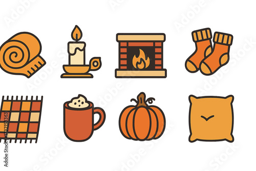 Cozy autumn flat icon set. warm, comfort, fall icons flat collection.