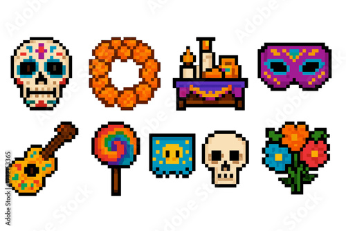 Day of the dead pixel art icon set. dia de los muertos outline icons collection