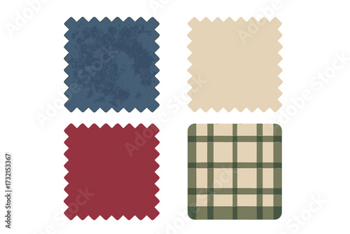 Collection of four fabric swatches in various colors and patterns, including solid blue, red, beige, and a classic plaid design