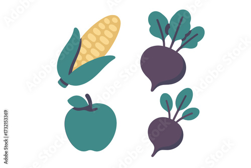 Assortment of fresh healthy fruits and vegetables including corn, beets, and an apple for a balanced diet