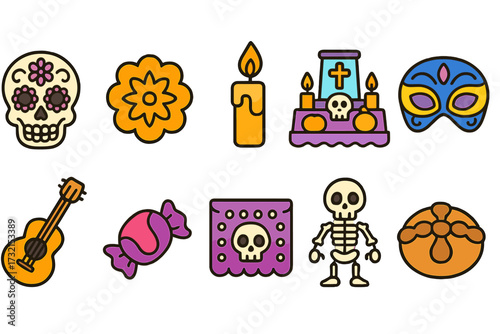 Day of the dead line icon set: skulls, candles, masks, and more outlined symbols