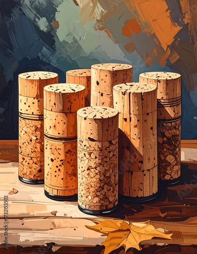 Seven cylindrical cork stoppers arranged on a weathered wooden surface, bathed in warm sunlight.  Abstract painted background in muted colors