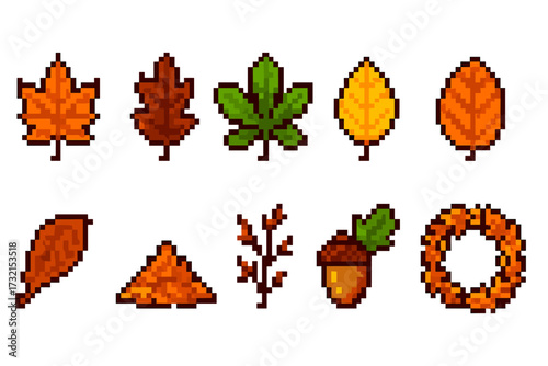 Pixel art autumn icon set. fall, nature, leaves, seasonal icons in pixel art style