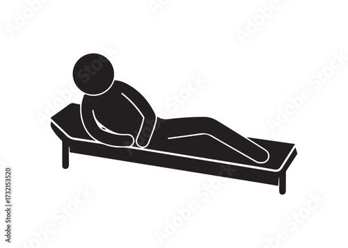 Stick figure lying on the bed with pillow isolated on white background