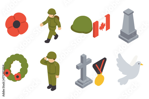 Military and remembrance 3d icon set. veterans day, soldier symbols collection