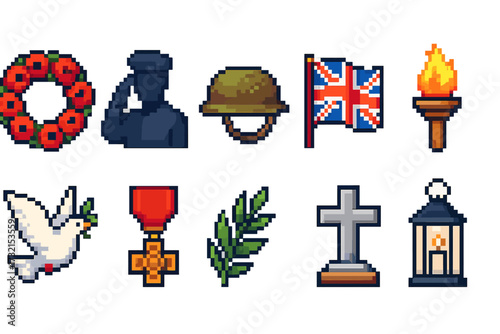 Remembrance day pixel icon set. memorial, veterans day pixel art collection".