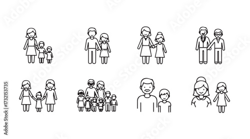 Charming hand-drawn family silhouettes representing diverse family units and love vector
