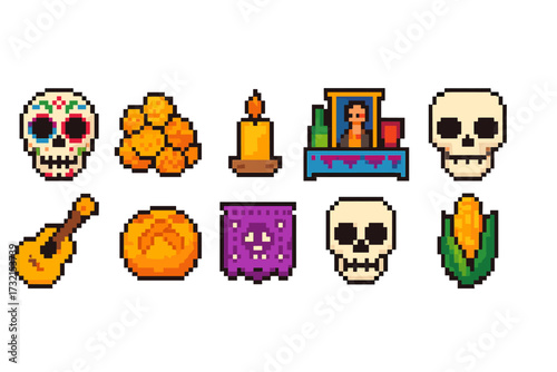 Día de los muertos icon set. pixel art vibrant holiday icons collection.