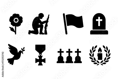 Veterans day silhouette icon set. memorial, remembrance, patriotism symbols silhouettes
