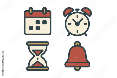 Visual representation of time management and notification concepts: calendar, alarm clock, hourglass, and bell