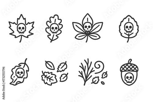 Halloween, autumn line icon set. spooky leaves, skulls, acorn outline icons collection