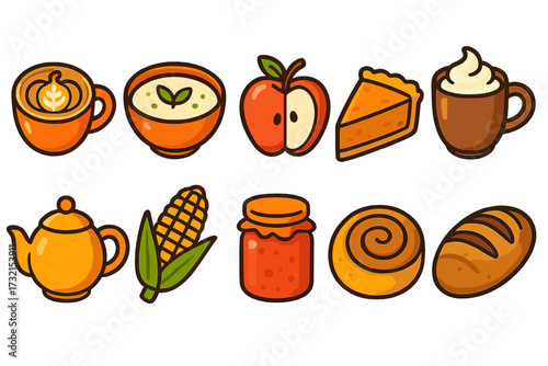 Food and drink flat icon set. coffee, fruit, dessert, and bakery icons collection