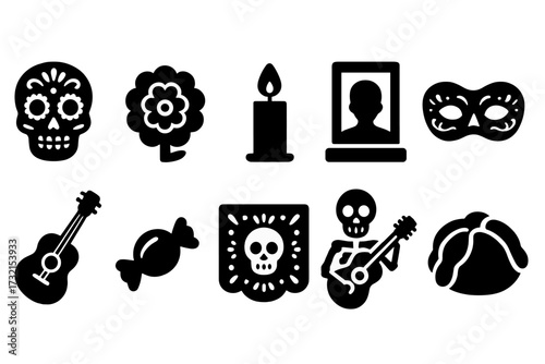 Dia de los muertos silhouette icon set. mexican culture, skull, marigold symbols