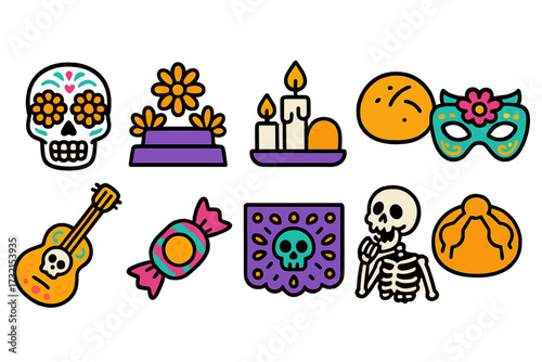 Day of the dead flat icon set. sugar skull, candle, skeleton icons collection