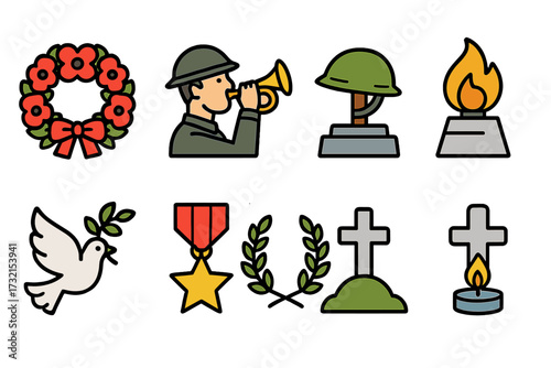Remembrance day flat icon set. memorial, peace, tribute symbols collection