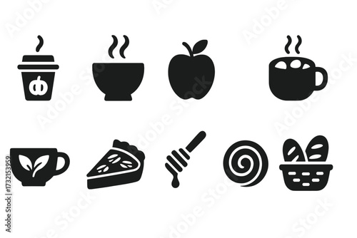 Food and drink silhouette icon set. cafe, cuisine, bakery icons collection