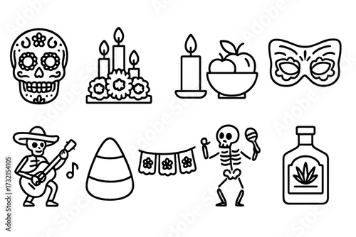 Day of the dead outline icon set. traditional mexican festival symbols collection.