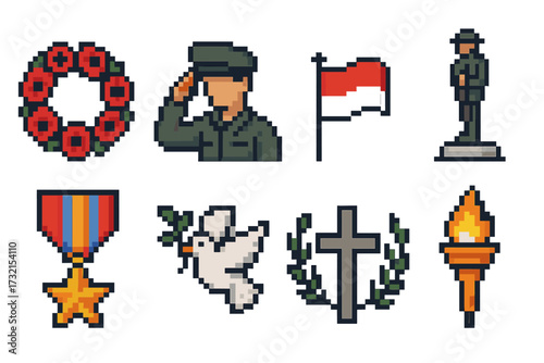Military and remembrance pixel icon set. veterans day, memorial symbols in pixel art