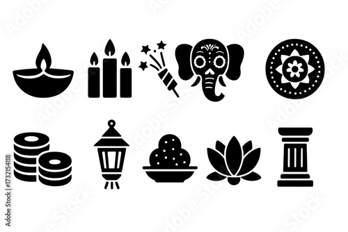 Diwali celebration silhouette icon set. festival of lights and indian culture icons.