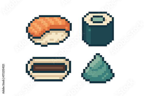 Collection of classic Japanese cuisine elements including nigiri, maki, and wasabi in retro pixel art style
