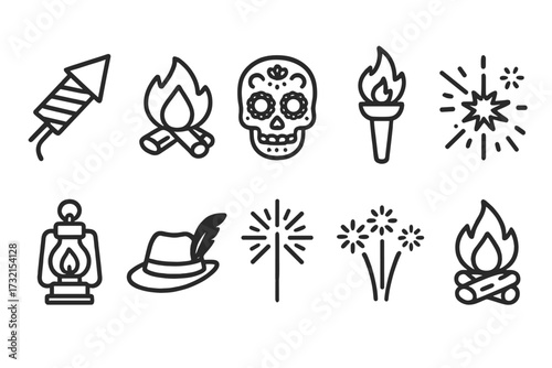 Holiday and celebration outline icon set. fireworks, campfire, lantern, torch symbols