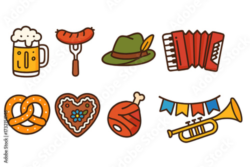Oktoberfest solid icon set. beer, bratwurst, hat, music, festive symbols collection