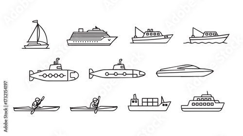 Diverse collection of nautical vessels and watercraft hand-drawn style on white vector